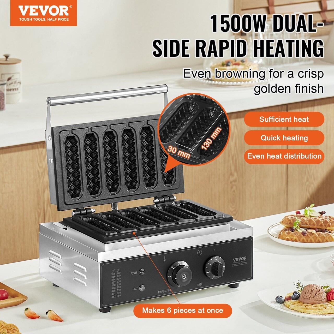 VEVOR-Silver-Commercial Waffle Stick Maker with Temperature Control-1 Piece